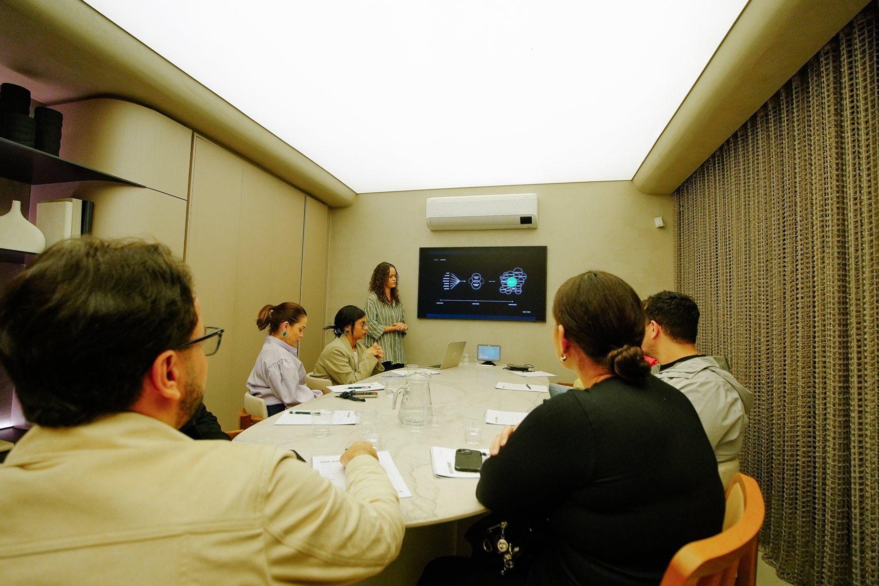 Sala de workshop vista da mesa, com a facilitadora ao fundo apresentando na TV para os participantes.